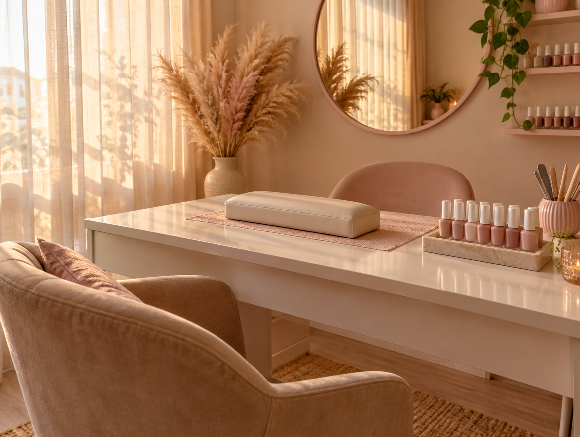 Ambiente de manicure em tons nude e rosa, com mesa e poltrona